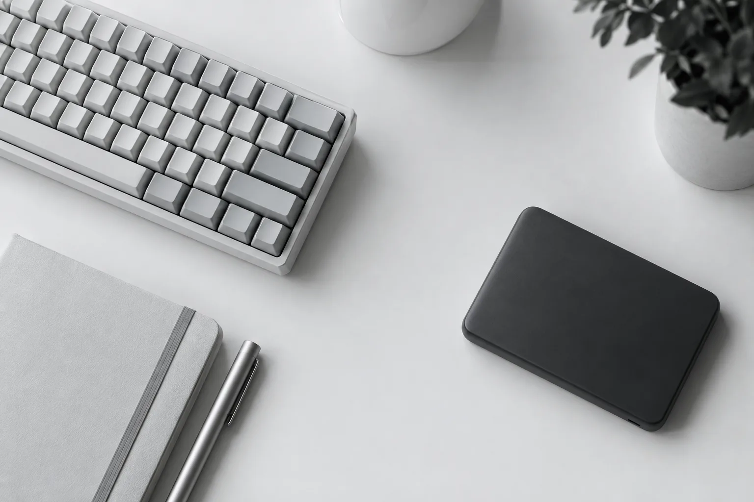 A minimal desk from above: keyboard, notebook, pen and a matte black device