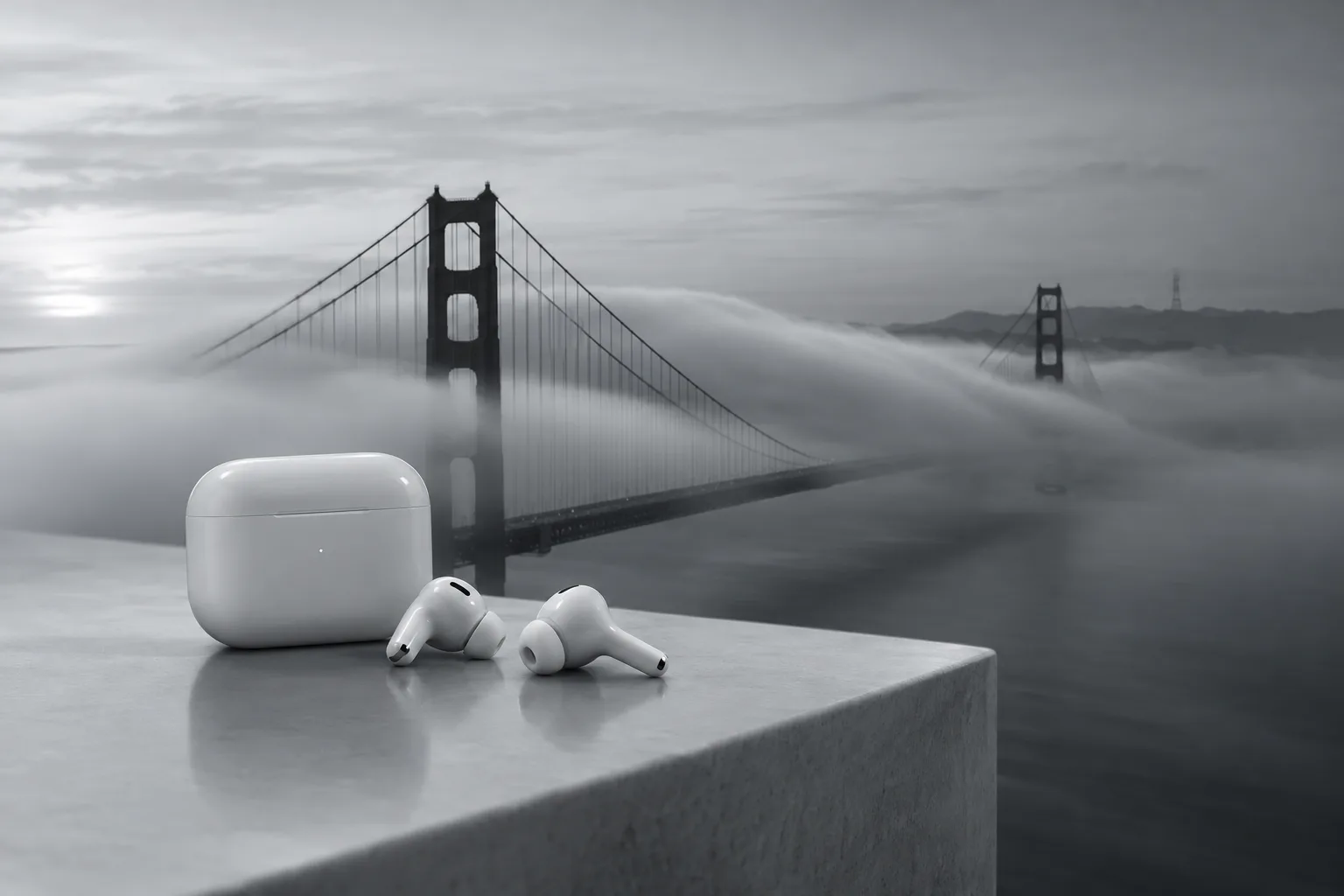Fog rolling over the Golden Gate Bridge at dawn, in black and white
