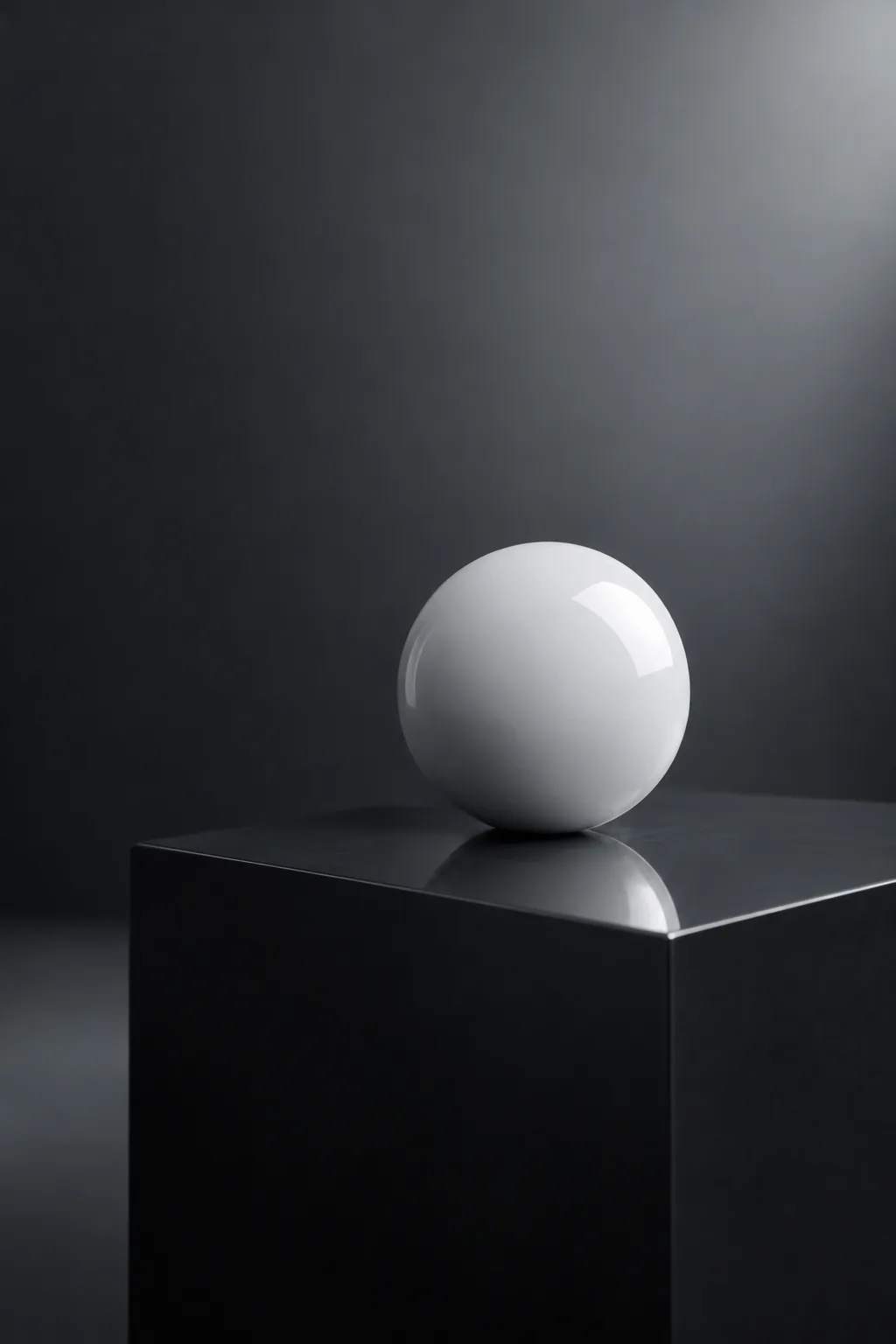 A glossy white sphere on a dark reflective plinth