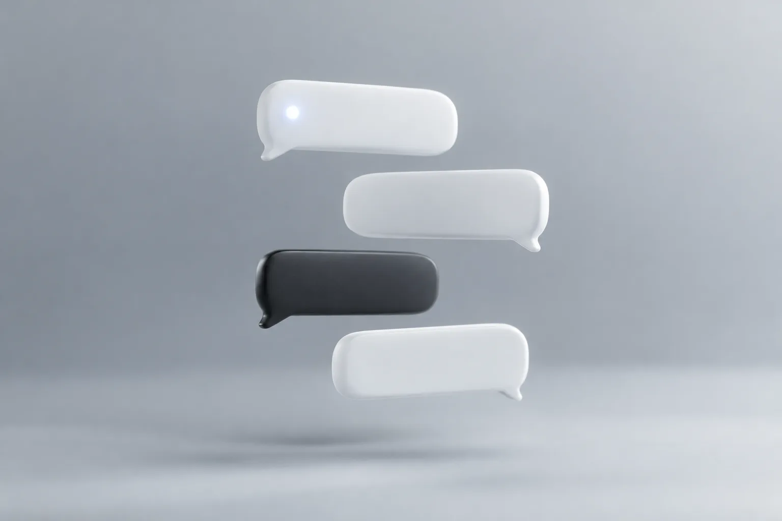 Four 3D chat bubbles floating in a thread, one with an unread dot