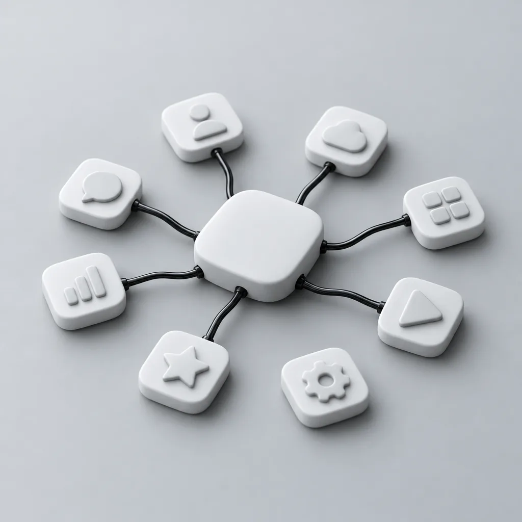 Small app tiles joined by cables that converge into one hub tile