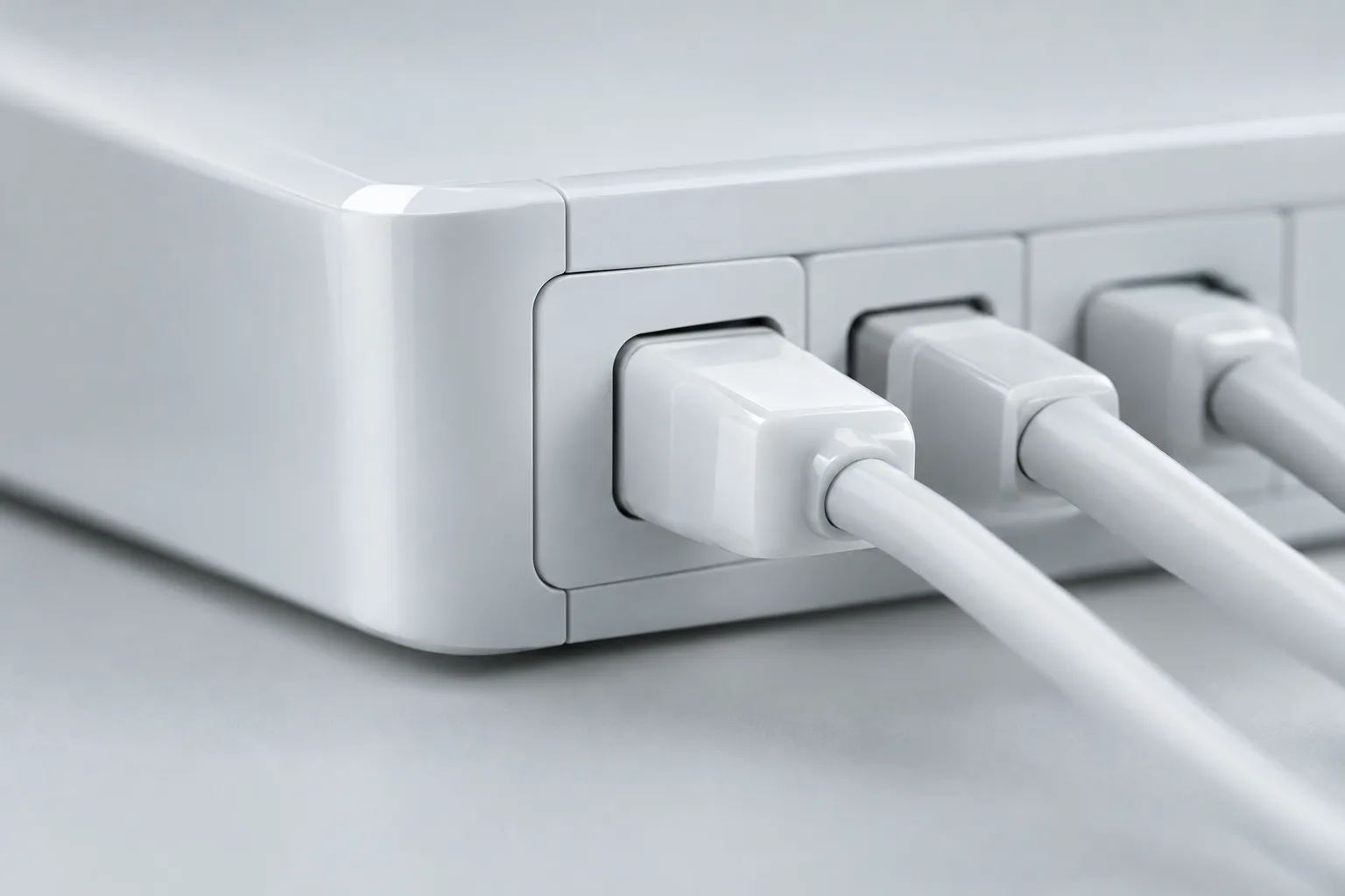 Three white cables plugged into the ports of a smooth white hub