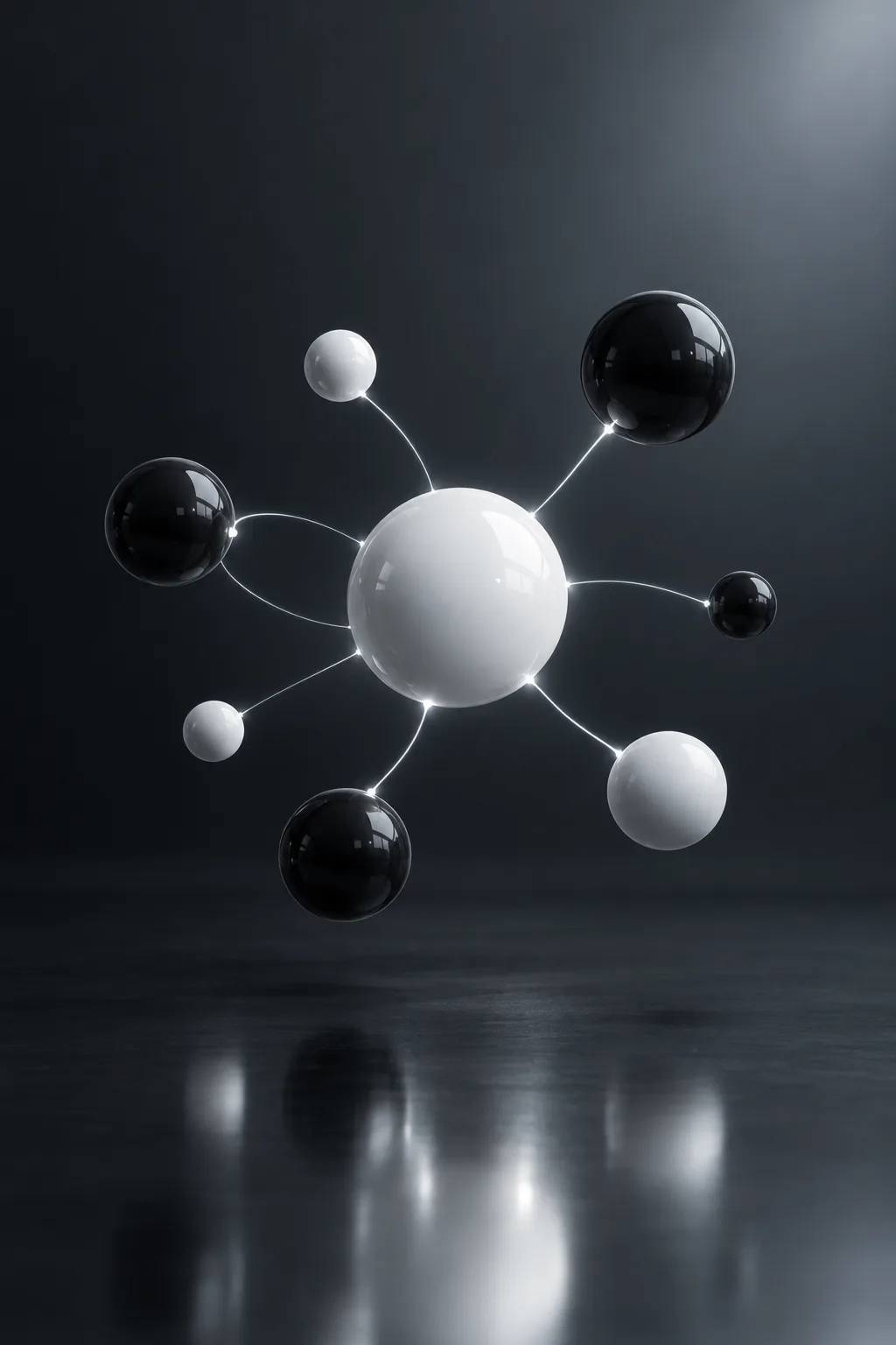 Seven glossy spheres linked to one central sphere by thin filaments — many models, one hub