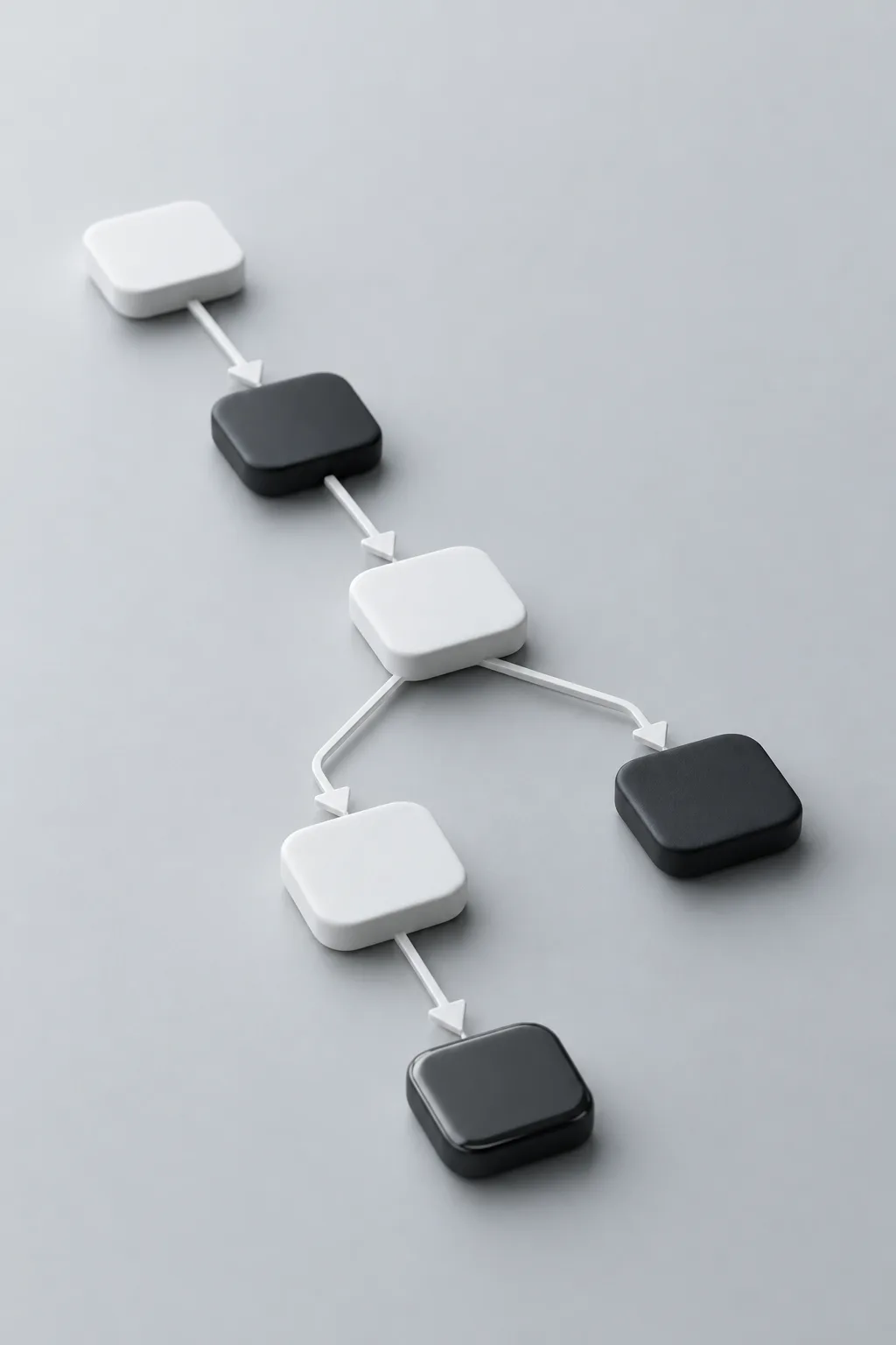 A flowchart of rounded tiles joined by arrow rails, one branch splitting in two