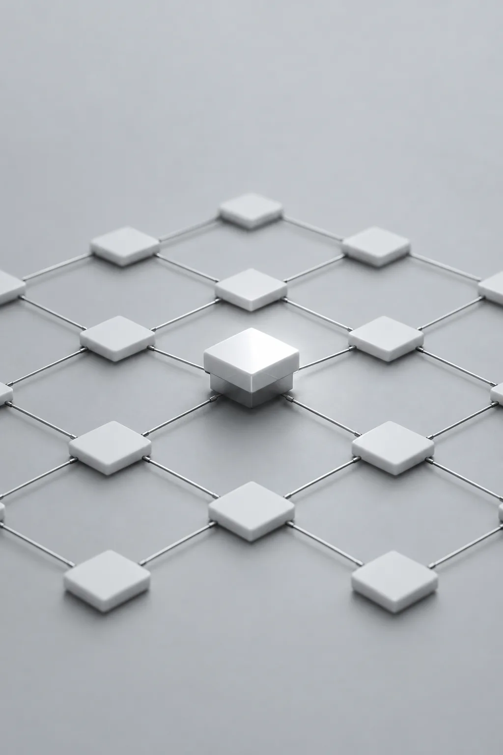 A grid of small tiles joined by silver links into a mesh, one tile raised at the centre